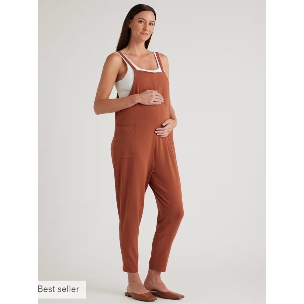 Quince Organic Cotton Maternity Overalls Rust Brown Women's Utility Jumpsuit M